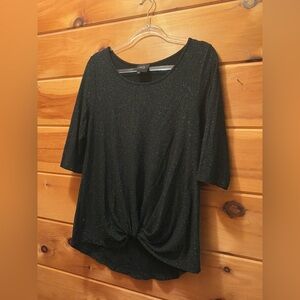 W5 Large Black/Silver Threading 3/4 Sleeve Womens Cinched Front Casual Top